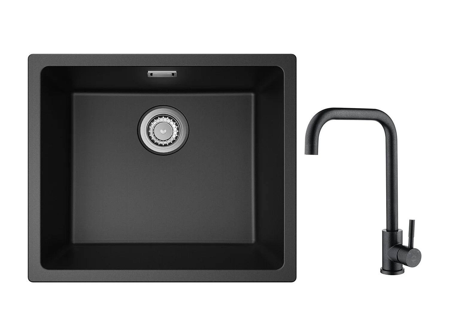 Evier 1 Bac en Quartz et Résine, 3 Options de Montage, 50*44*20cm + Mitigeur de Cuisine en Inox Noir étoilé avec Bec Haut et Incurvé