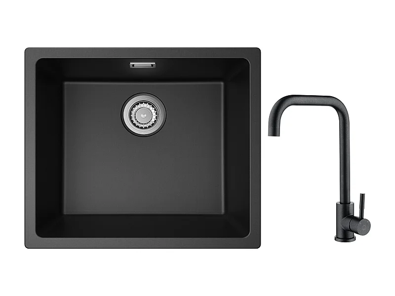 Evier 1 Bac en Quartz et Résine, 3 Options de Montage, 50*44*20cm + Mitigeur de Cuisine en Inox Noir étoilé avec Bec Haut et Incurvé