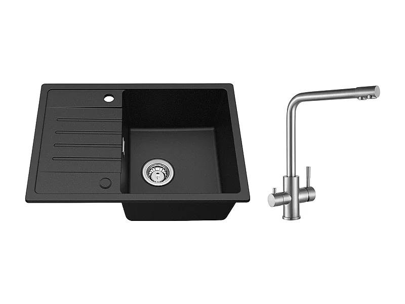 Noir Evier à Encastrer 1 Bac avec Egouttoir, Quartz et Résine, 65x45cm + Mitigeur Cuisine pour Sstème D'osmose