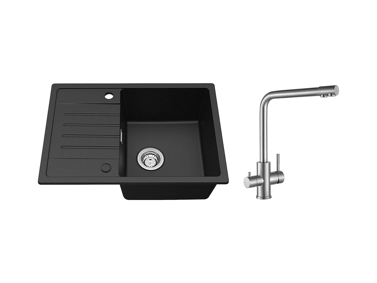 Noir Evier à Encastrer 1 Bac avec Egouttoir, Quartz et Résine, 65x45cm + Mitigeur Cuisine pour Sstème D'osmose