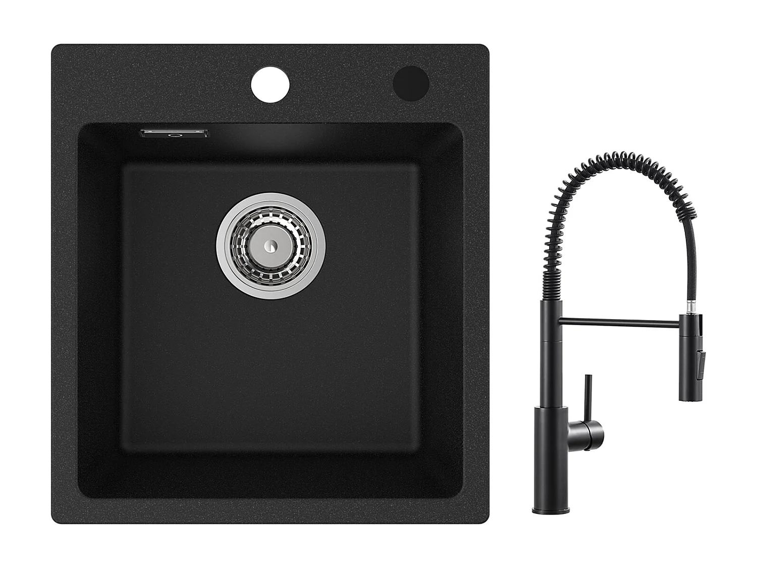 Cecipa max 40x45cm Evier de Cuisine en Quartz et Résine Evier Quartz 1 Bac Noir + Mitigeur de Cuisine à Ressort Noir avec Douchette Extractible