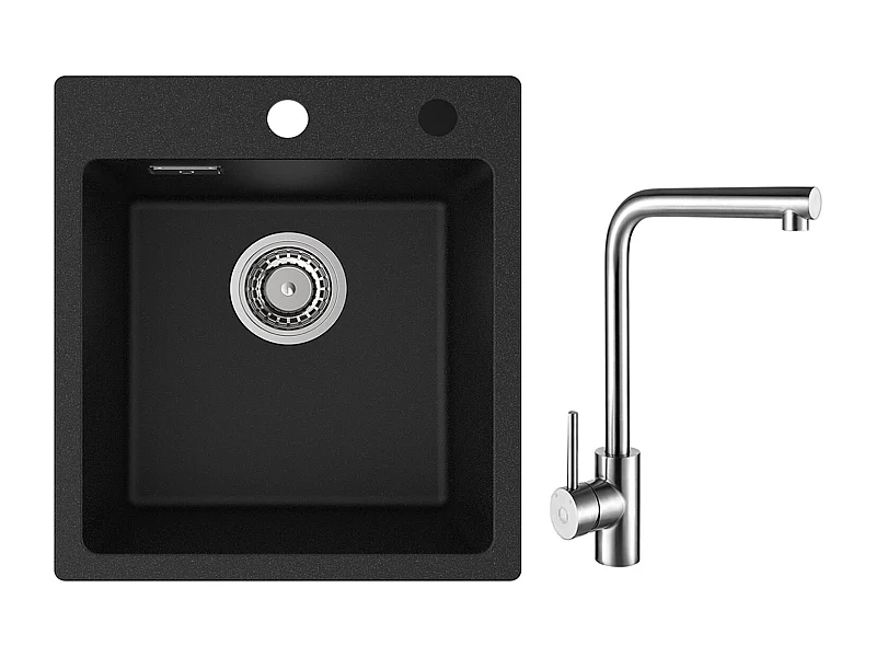 Cecipa MAX 40x45cm Noir Evier de Cuisine en Quartz et Résine Evier 1 Bac + Mitigeur de Evier Rrotatif à 360 ° Brossé