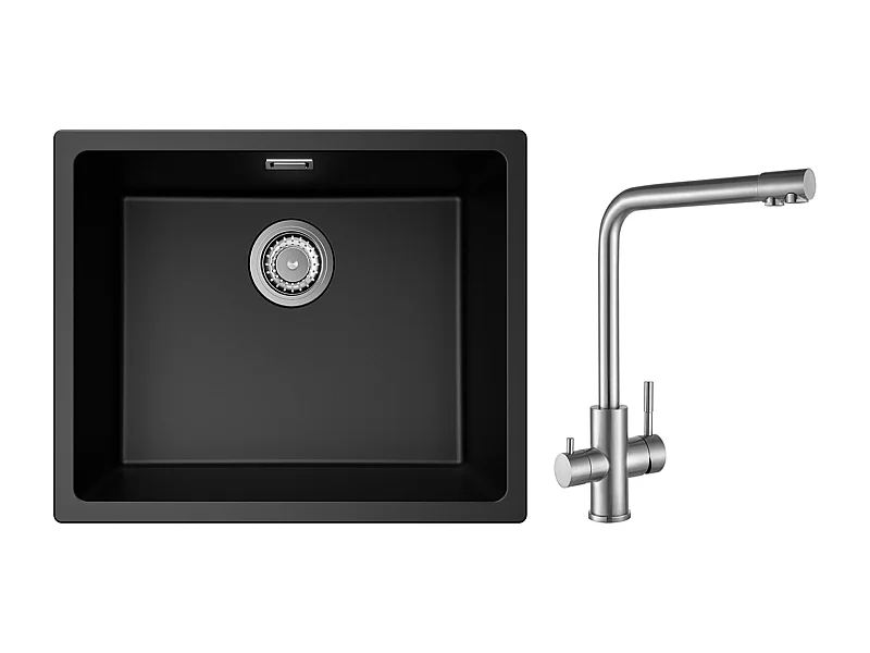 Evier 1 Bac en Quartz et Résine, 3 Options de Montage, 55*44*20cm + Mitigeur Cuisine pour Sstème D'osmose