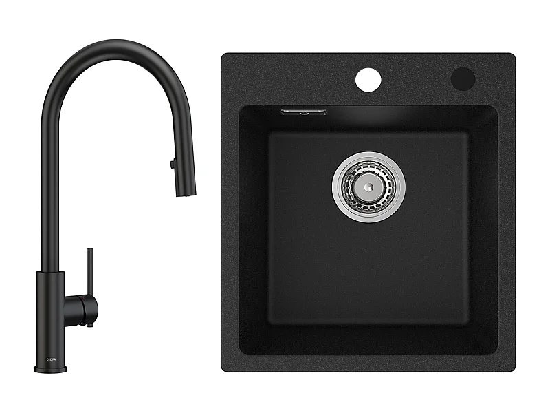 Fregadero de Cuarzo y Resina Fregadero de Cuarzo 40x45cm 1 Seno Negro + Grifo de Cocina Monomando con Ducha Extraíble, 2 Modos de Salida de Agua, Negro
