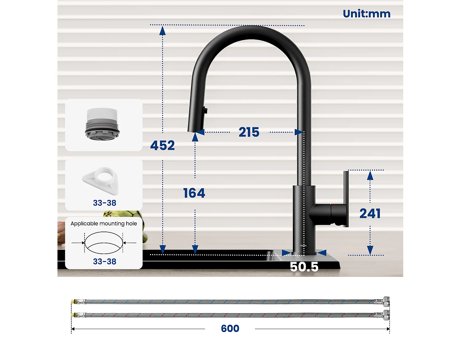 Fregadero de Cuarzo y Resina Fregadero de Cuarzo 40x45cm 1 Seno Negro + Grifo de Cocina Monomando con Ducha Extraíble, 2 Modos de Salida de Agua, Negro