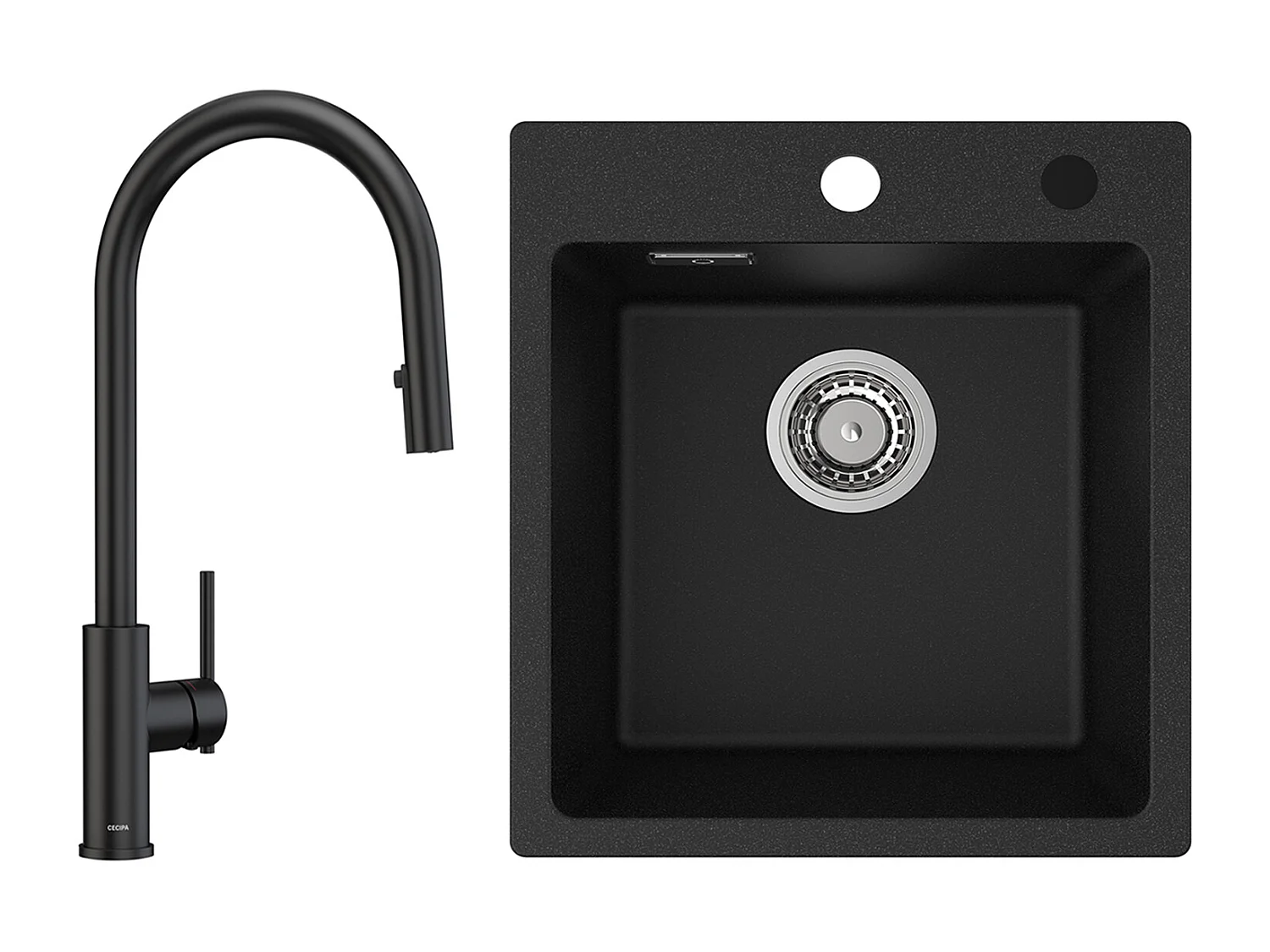 Lavello Cucina in Quarzo e Resina 40x45cm Lavello Quarzo 1 Vasca Nero + Miscelatore Cucina con Doccetta Estraibile, 2 Modalità di Uscita Acqua, Nero