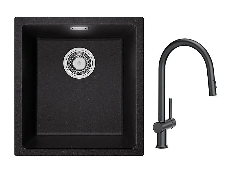 CECIPA MAX Spoelbak 1 Kom in Kwarts en Hars Zwart Grijs 40*44*20cm + Keukenmengkraan met Uittrekbare Spray met 2 Soorten Spray