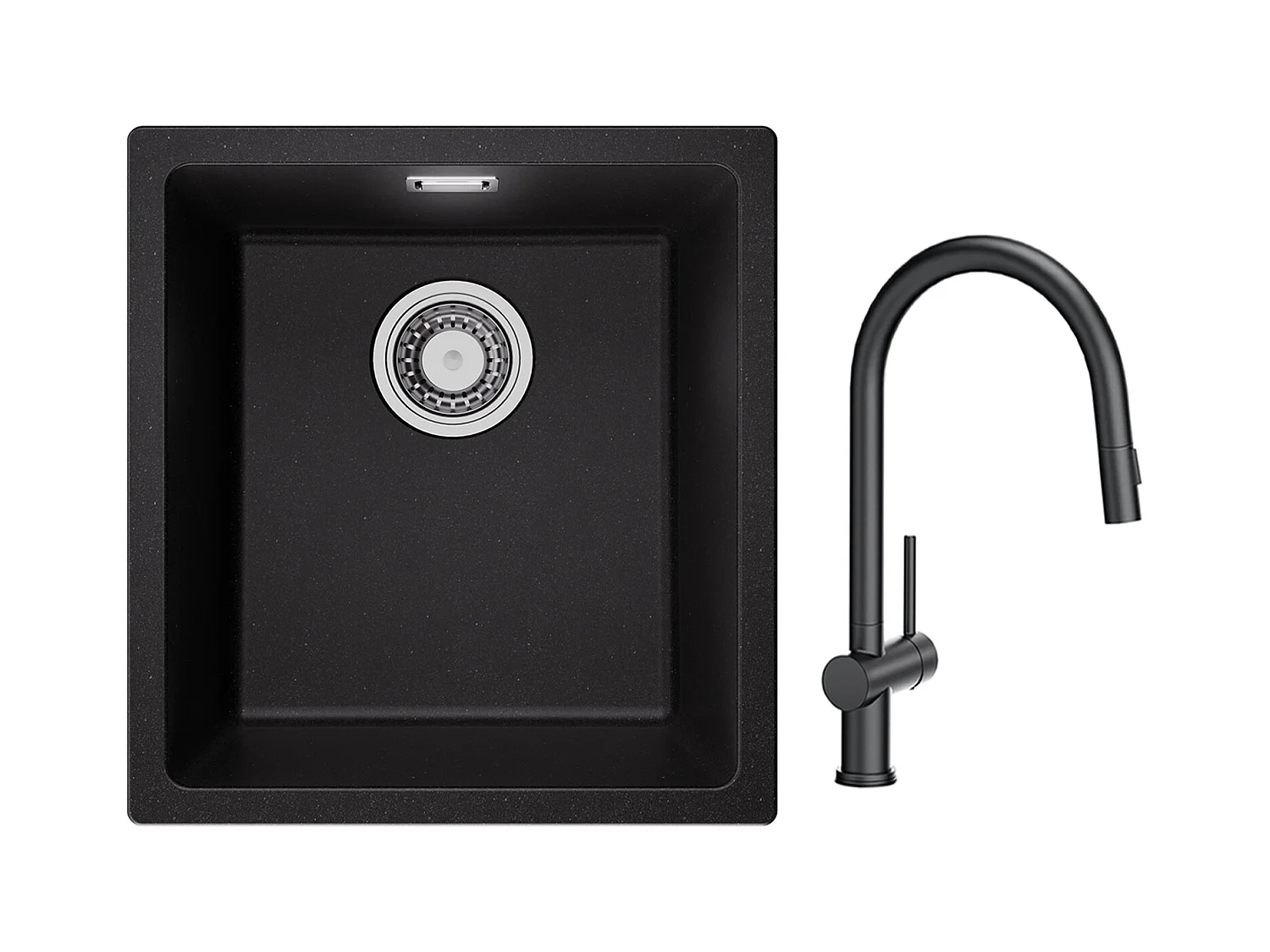 CECIPA MAX Evier 1 Bac en Quartz et Résine Noir Gris 40*44*20cm + Mitigeur de Cuisine avec Douchette Extractible avec 2 Types de Jet
