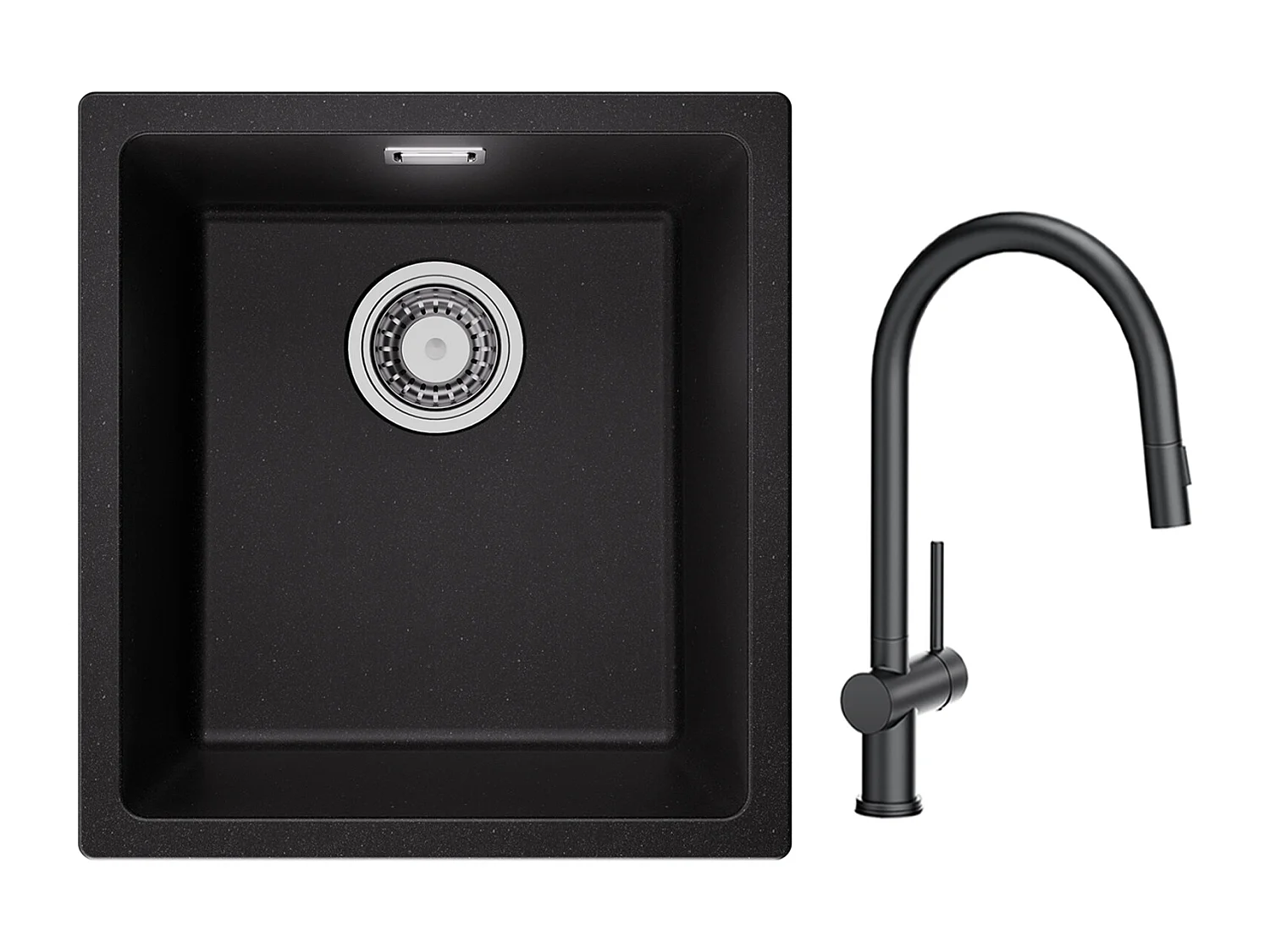 CECIPA MAX Einzelspüle aus Quarz und Kunstharz in Schwarzgrau 40*44*20cm + Küchenmischbatterie mit ausziehbarer Brause mit 2 Strahlarten