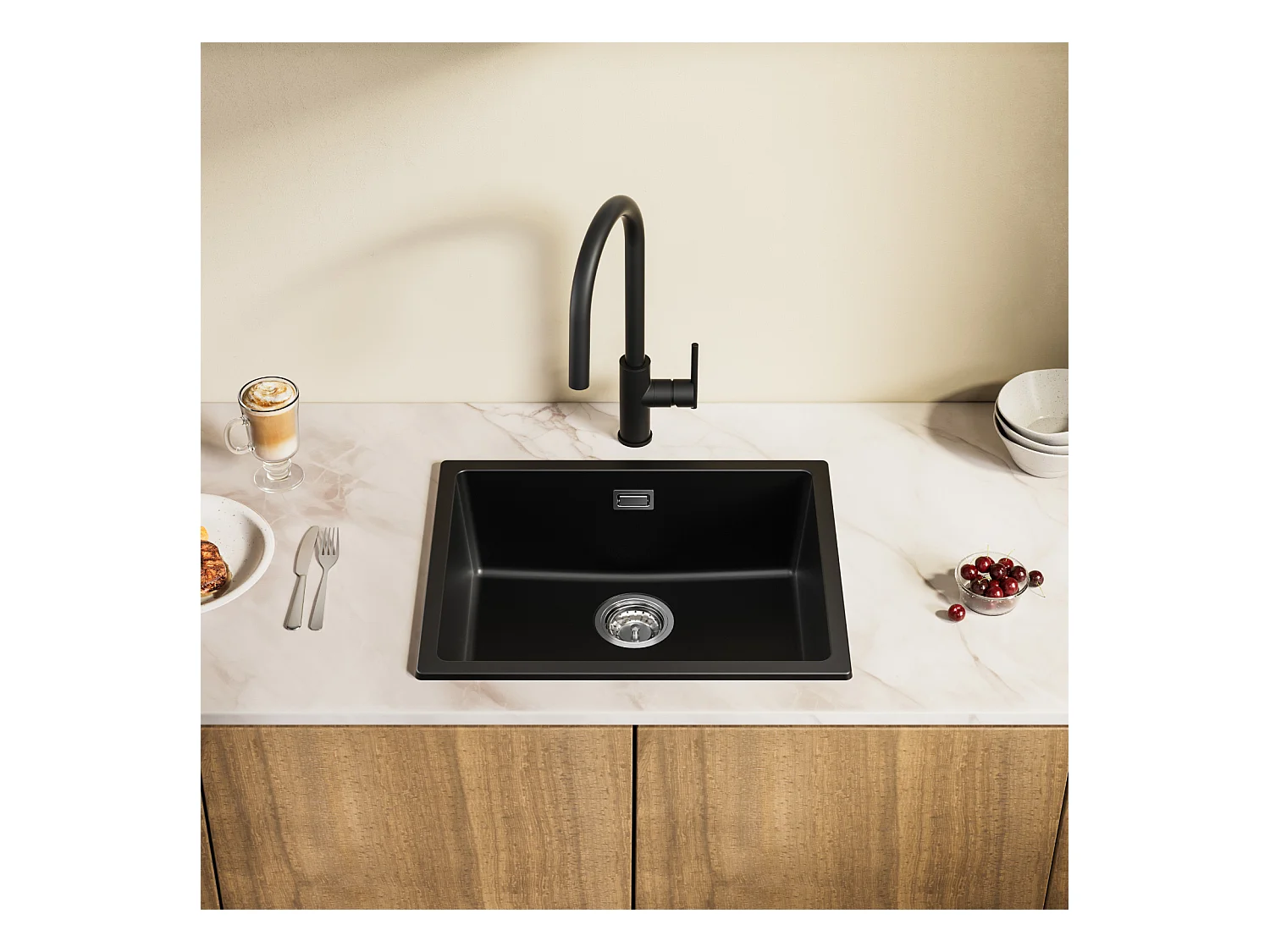 CECIPA MAX Evier 1 Bac en Quartz et Résine Noir Gris 55*44*20cm + Mitigeur Rabattable Noir Robinet Pliable Mitigeur Sous Fenêtre