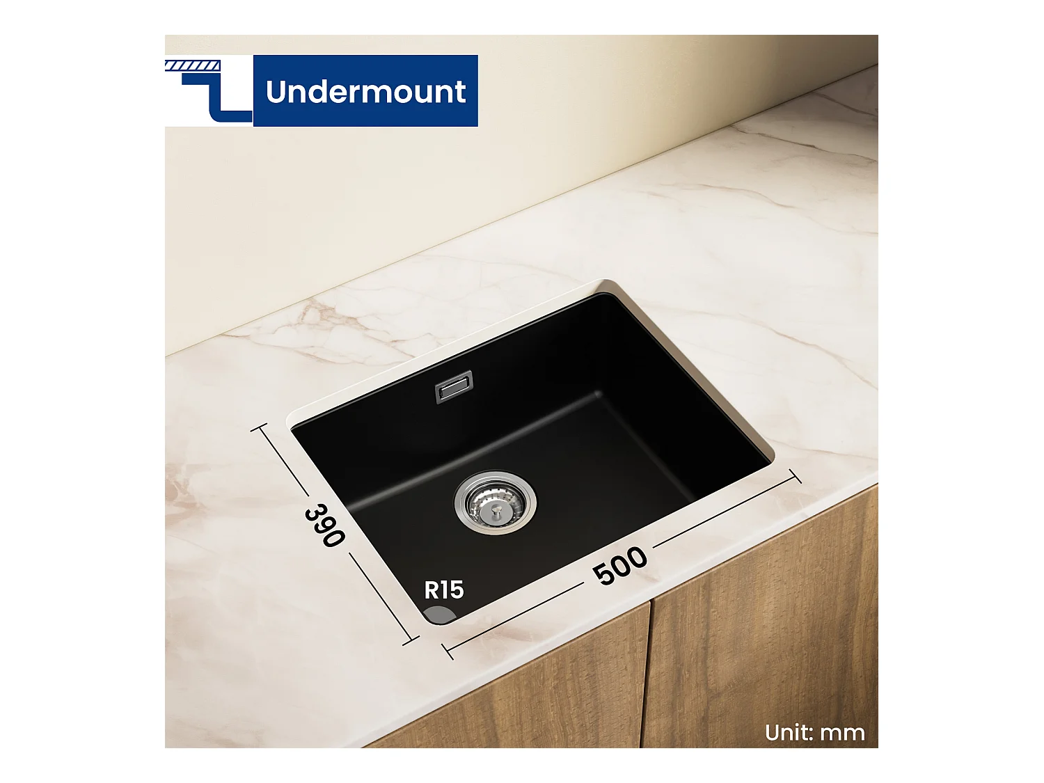 CECIPA MAX Evier 1 Bac en Quartz et Résine Noir Gris 55*44*20cm + Mitigeur Rabattable Noir Robinet Pliable Mitigeur Sous Fenêtre