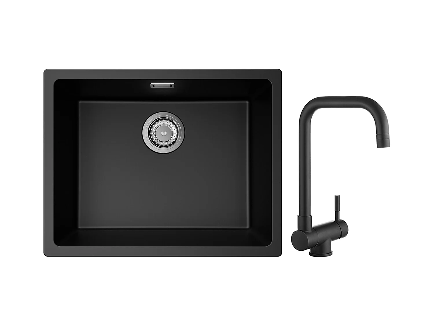 CECIPA MAX Evier 1 Bac en Quartz et Résine Noir Gris 55*44*20cm + Mitigeur Rabattable Noir Robinet Pliable Mitigeur Sous Fenêtre