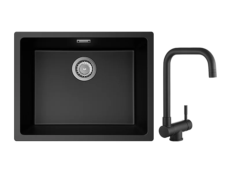 CECIPA MAX Evier 1 Bac en Quartz et Résine Noir Gris 55*44*20cm + Mitigeur Rabattable Noir Robinet Pliable Mitigeur Sous Fenêtre