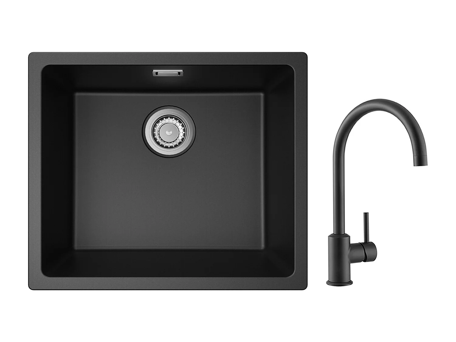 Evier 1 Bac en Quartz et Résine, 3 Options de Montage, 50*44*20cm + Mitigeur de Cuisine en Inox Noir