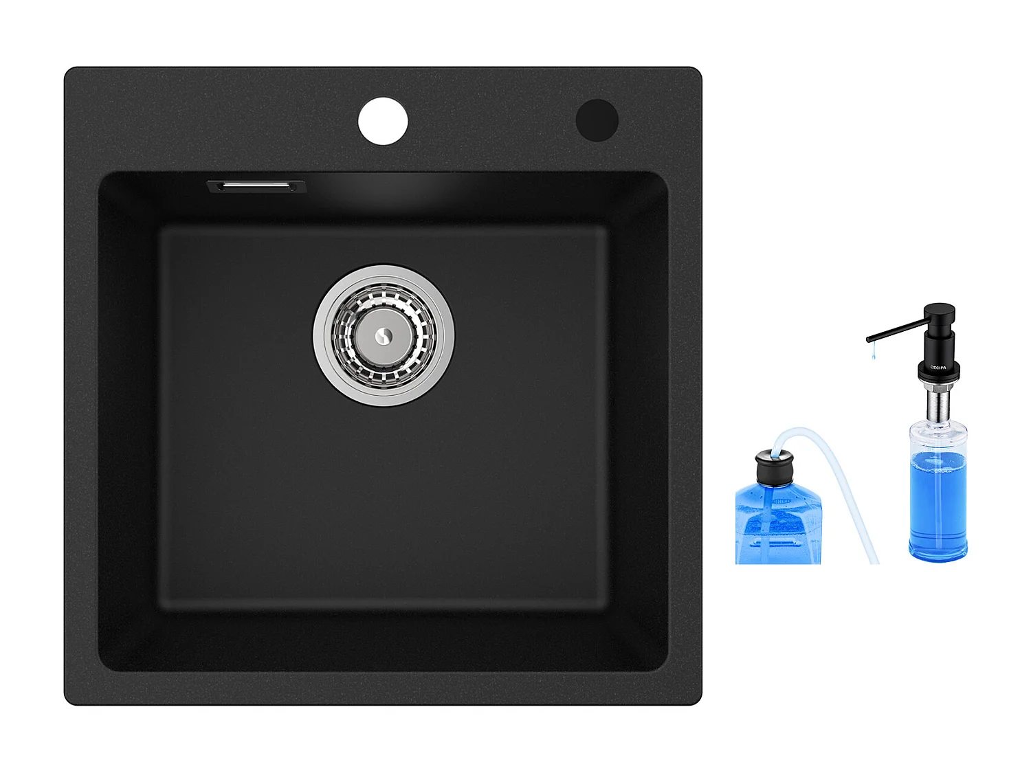 Cecipa max 45x45cm Evier Quartz + 300ML Distributeur de Savon - Noir - Evier 1 Bac en Quartz et Résine - Evier de Cuisine Evier à Encastrer 1 Vasque