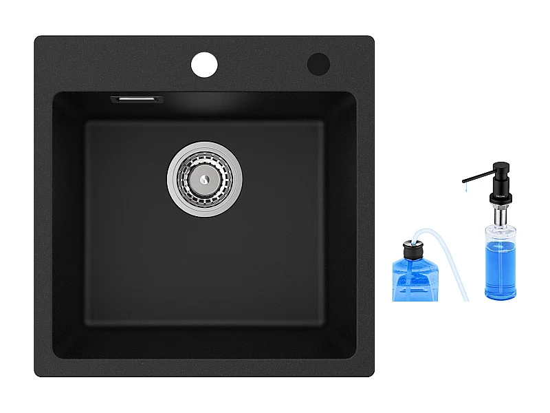 Cecipa max 45x45cm Evier Quartz + 300ML Distributeur de Savon - Noir - Evier 1 Bac en Quartz et Résine - Evier de Cuisine Evier à Encastrer 1 Vasque