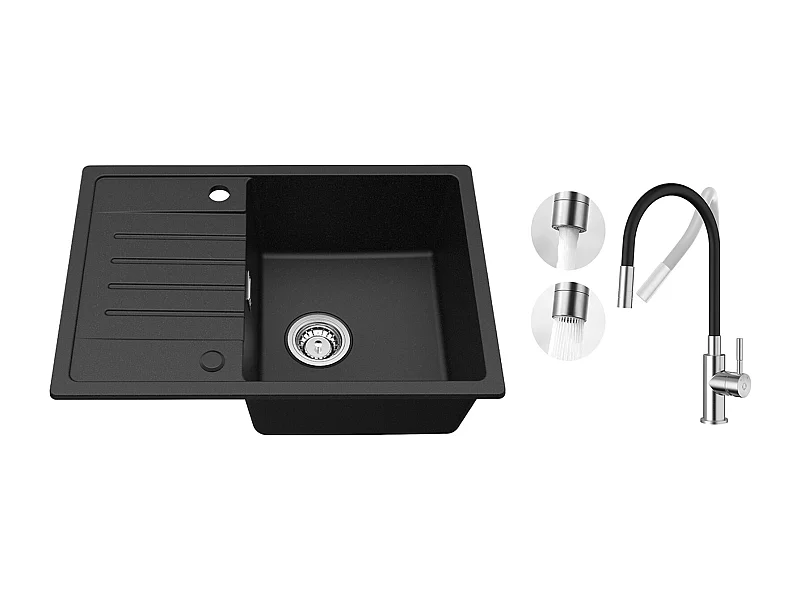 Evier 1 Bac avec Egouttoir, Evier en Quartz et résine Noir 65x45cm + Flexible Mitigeur de Cuisine, 2 Types de Jets  Robinet Extractible Brossé