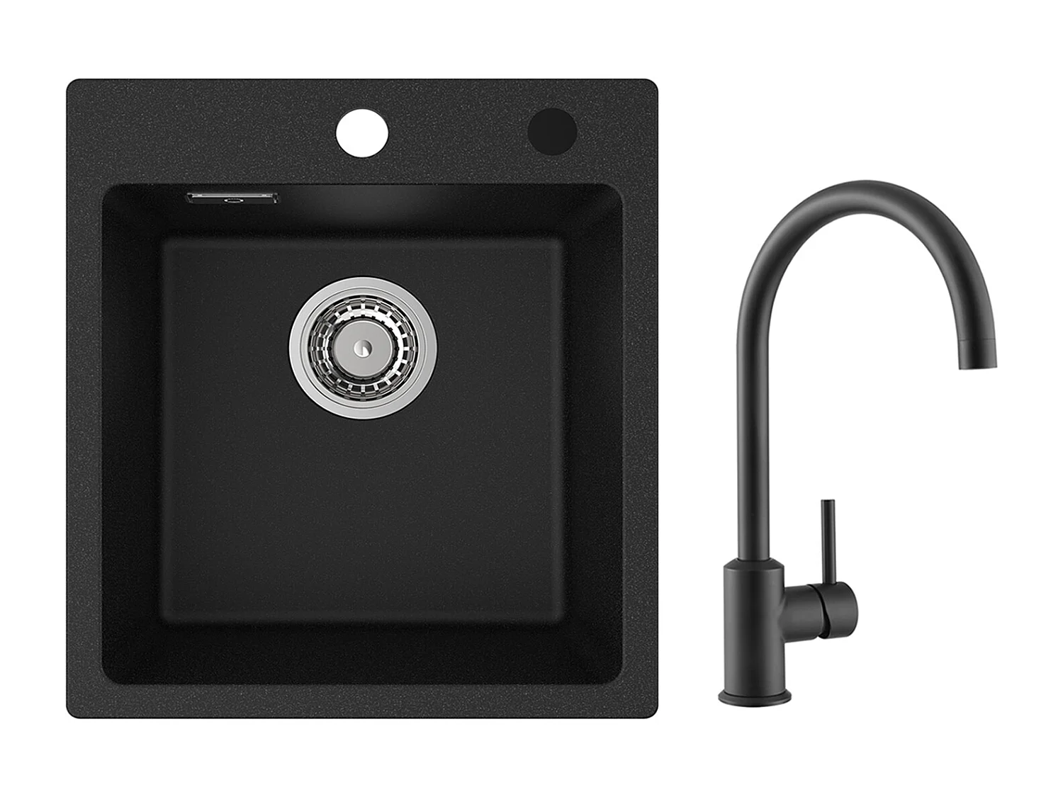 Cecipa MAX 40x45cm Noir Evier de Cuisine en Quartz et Résine Evier 1 Bac + Mitigeur de Cuisine en Inox Noir