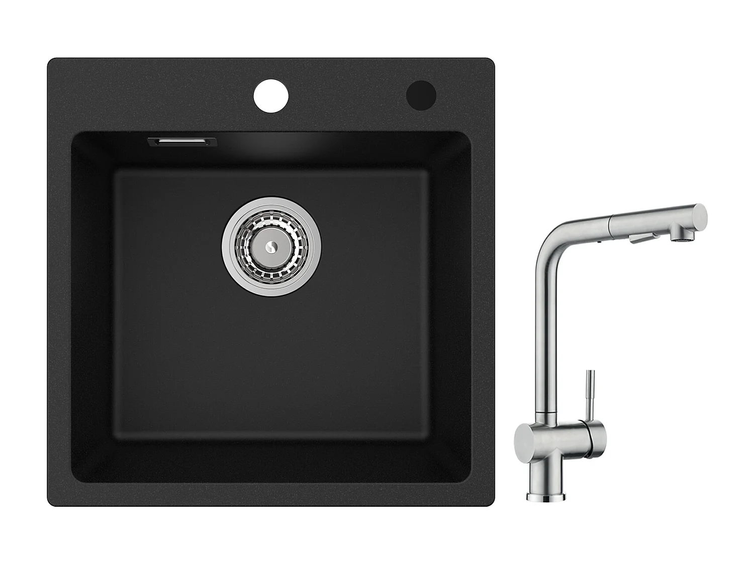 Cecipa max 45x45cm Evier Quartz Noir Evier 1 Bac en Quartz et Résine Evier de Cuisine + Robinet avec Douchette Mitigeur d'évier Extractible Brossé