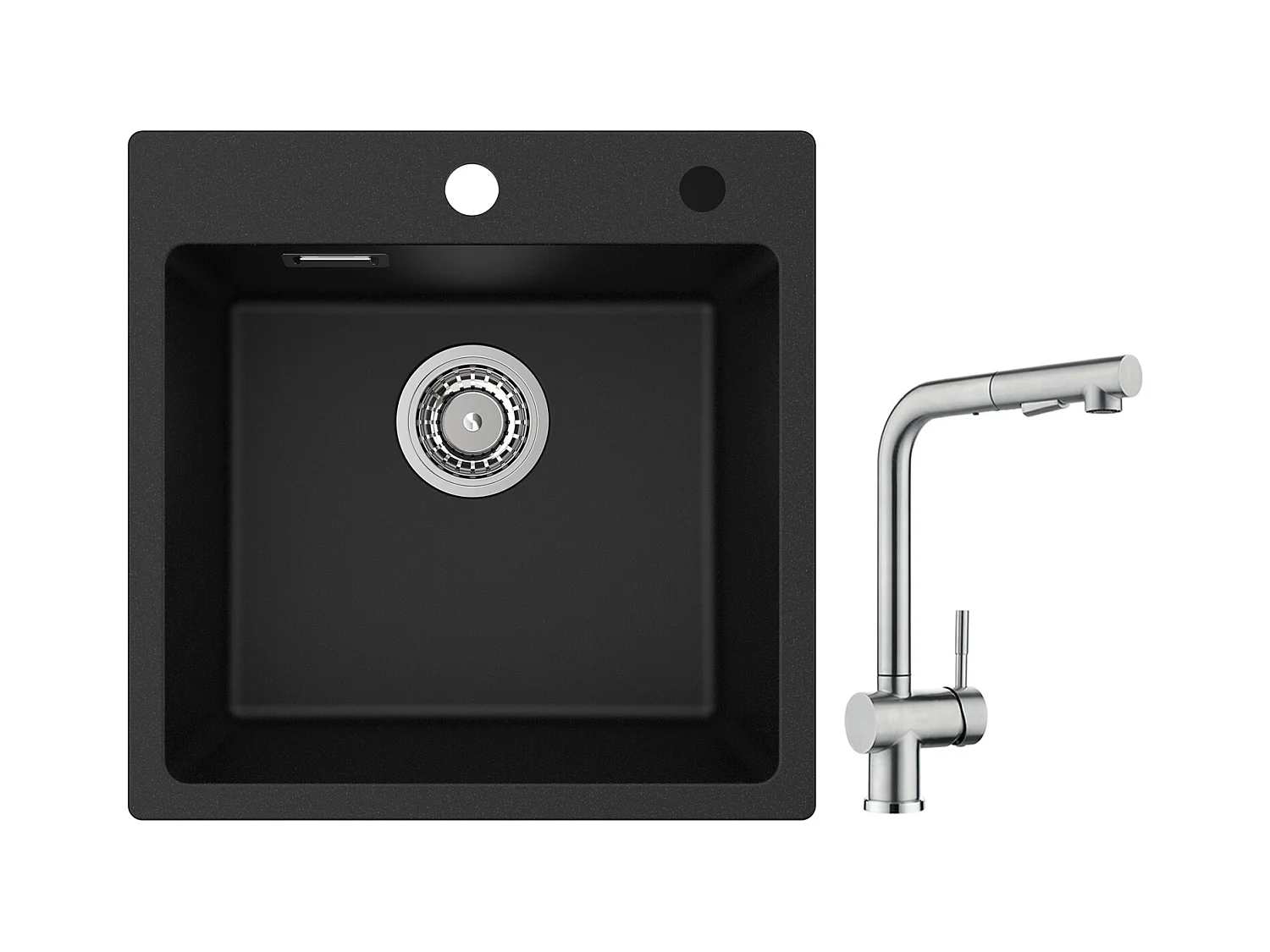 Cecipa max 45x45cm Evier Quartz Noir Evier 1 Bac en Quartz et Résine Evier de Cuisine + Robinet avec Douchette Mitigeur d'évier Extractible Brossé