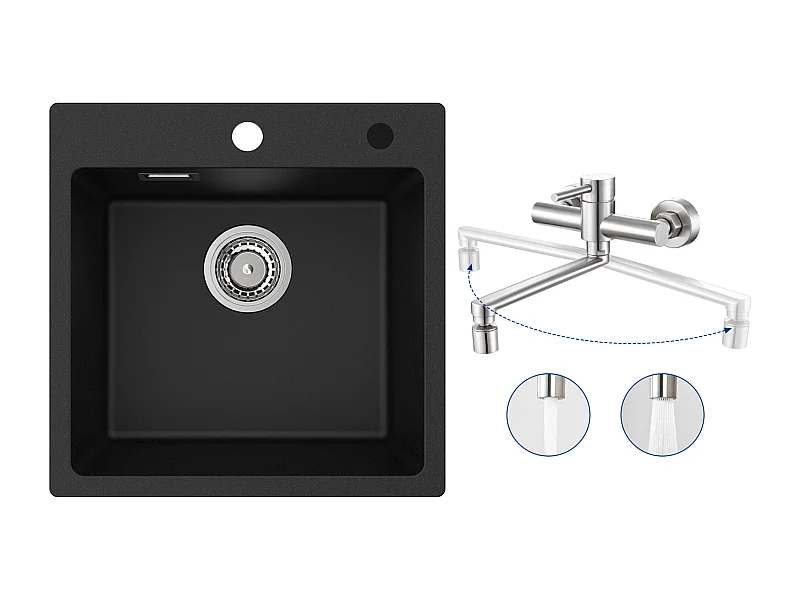 Cecipa MAX Einzelbecken aus Quarz und Kunstharz, Schwarz, 45 x 45 cm, Einbauspüle + wandmontierte Küchenmischbatterie mit 2 gebürsteten Düsen