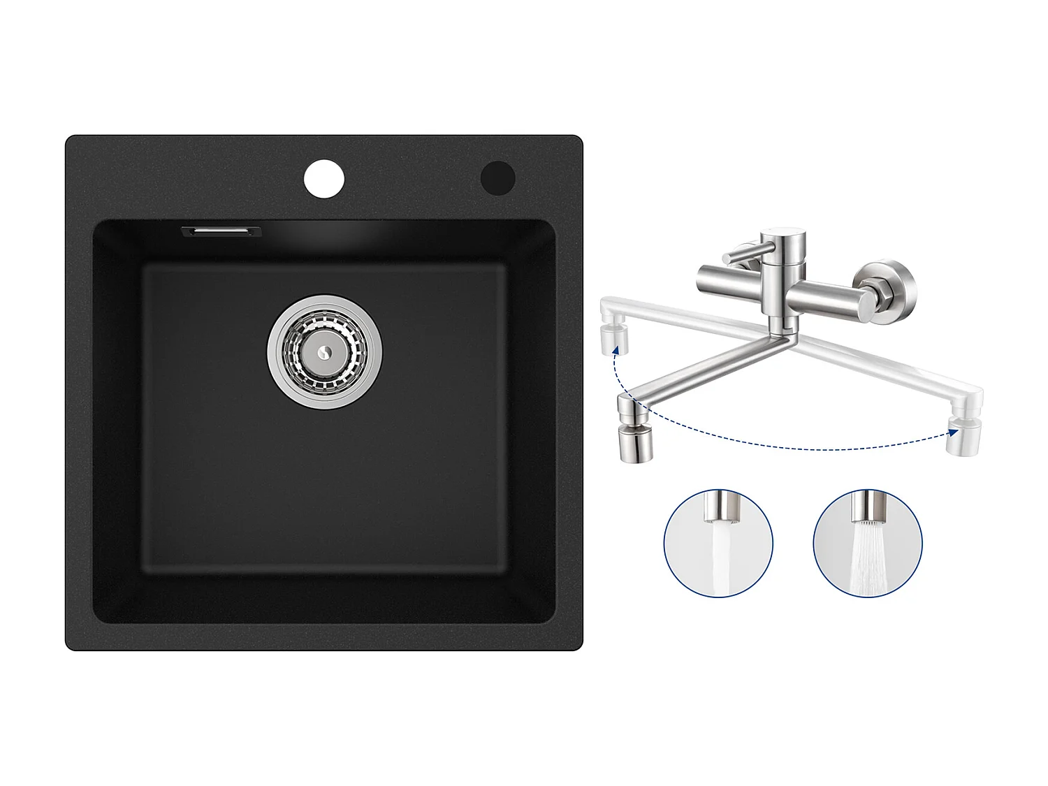Cecipa MAX Einzelbecken aus Quarz und Kunstharz, Schwarz, 45 x 45 cm, Einbauspüle + wandmontierte Küchenmischbatterie mit 2 gebürsteten Düsen