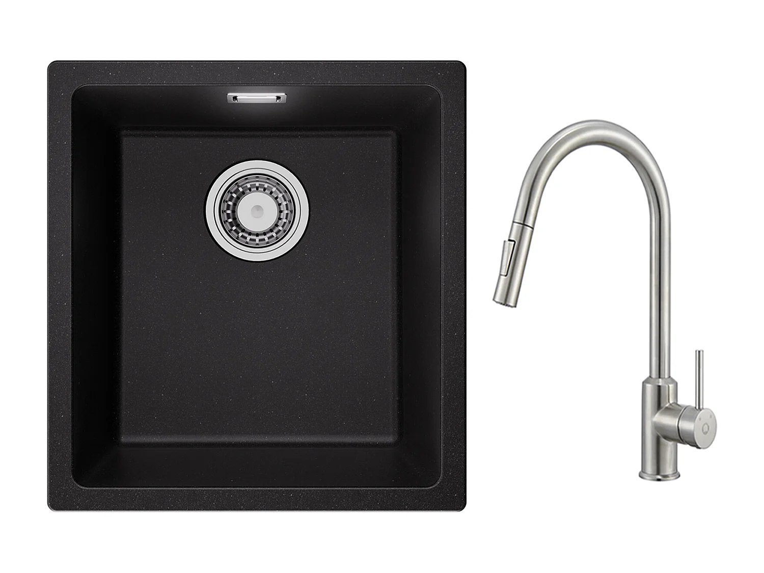 CECIPA MAX Evier 1 Bac en Quartz et Résine Noir Gris 40*44*20cm + Mitigeur avec Douchette Extractible 2 Modes de Sortie D'eau