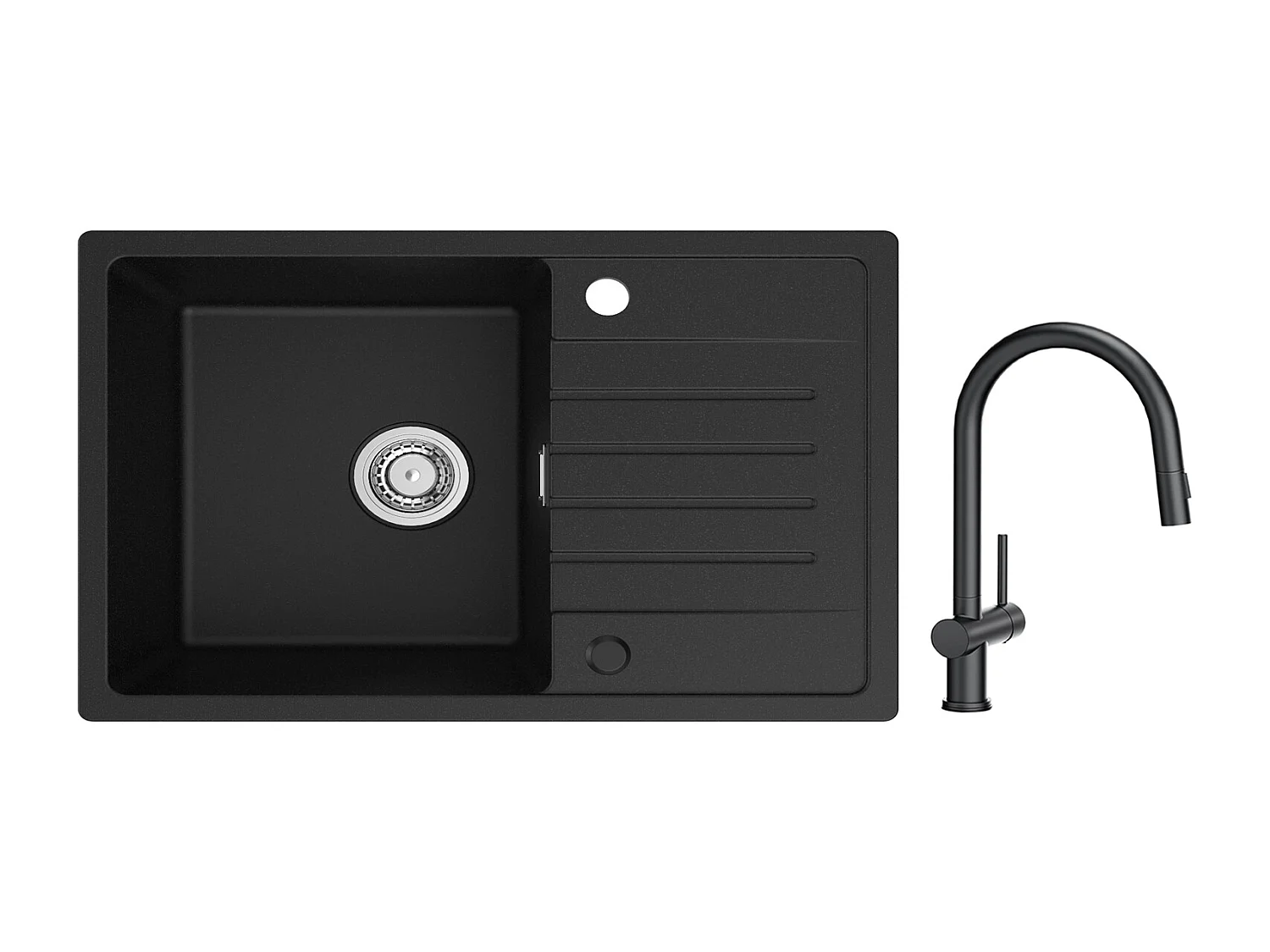 Cecipa max Evier 1 Bac avec Egouttoir 78x45cm Evier à encastrer Quartz et résine Noir + Mitigeur avec Douchette Extractible avec 2 Types de Jet Noir