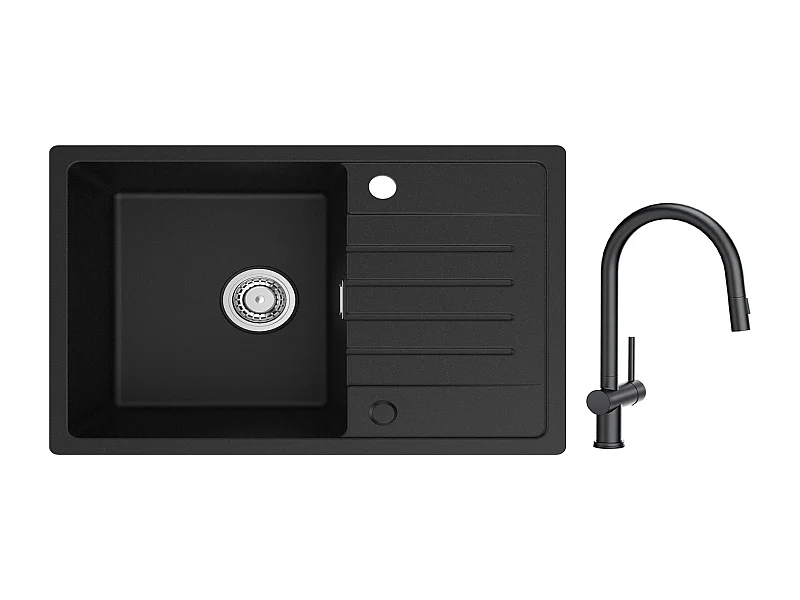 Lavello Cecipa max 1 vasca con gocciolatoio 78x45cm Lavello da incasso in quarzo e resina Nero + Miscelatore con doccetta estraibile con 2 tipologie di Getto Nero