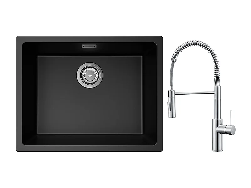 CECIPA MAX Lavello 1 Vasca in Quarzo e Resina Nero Grigio 55*44*20cm + Miscelatore Cucina Primavera Spazzolato con Doccia Estraibile