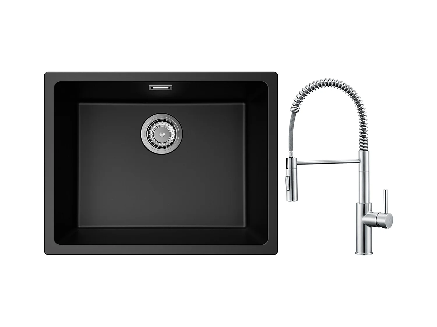 CECIPA MAX Evier 1 Bac en Quartz et Résine Noir Gris 55*44*20cm + Mitigeur de Cuisine à Ressort Brossé avec Douchette Extractible