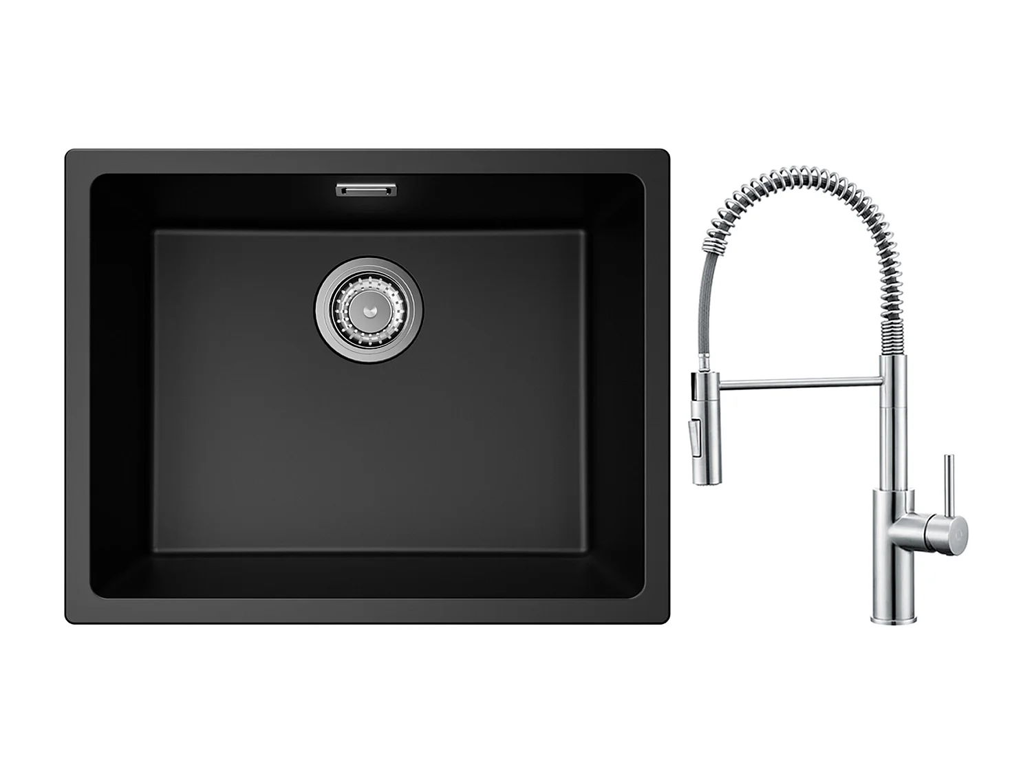 CECIPA MAX Lavello 1 Vasca in Quarzo e Resina Nero Grigio 55*44*20cm + Miscelatore Cucina Primavera Spazzolato con Doccia Estraibile