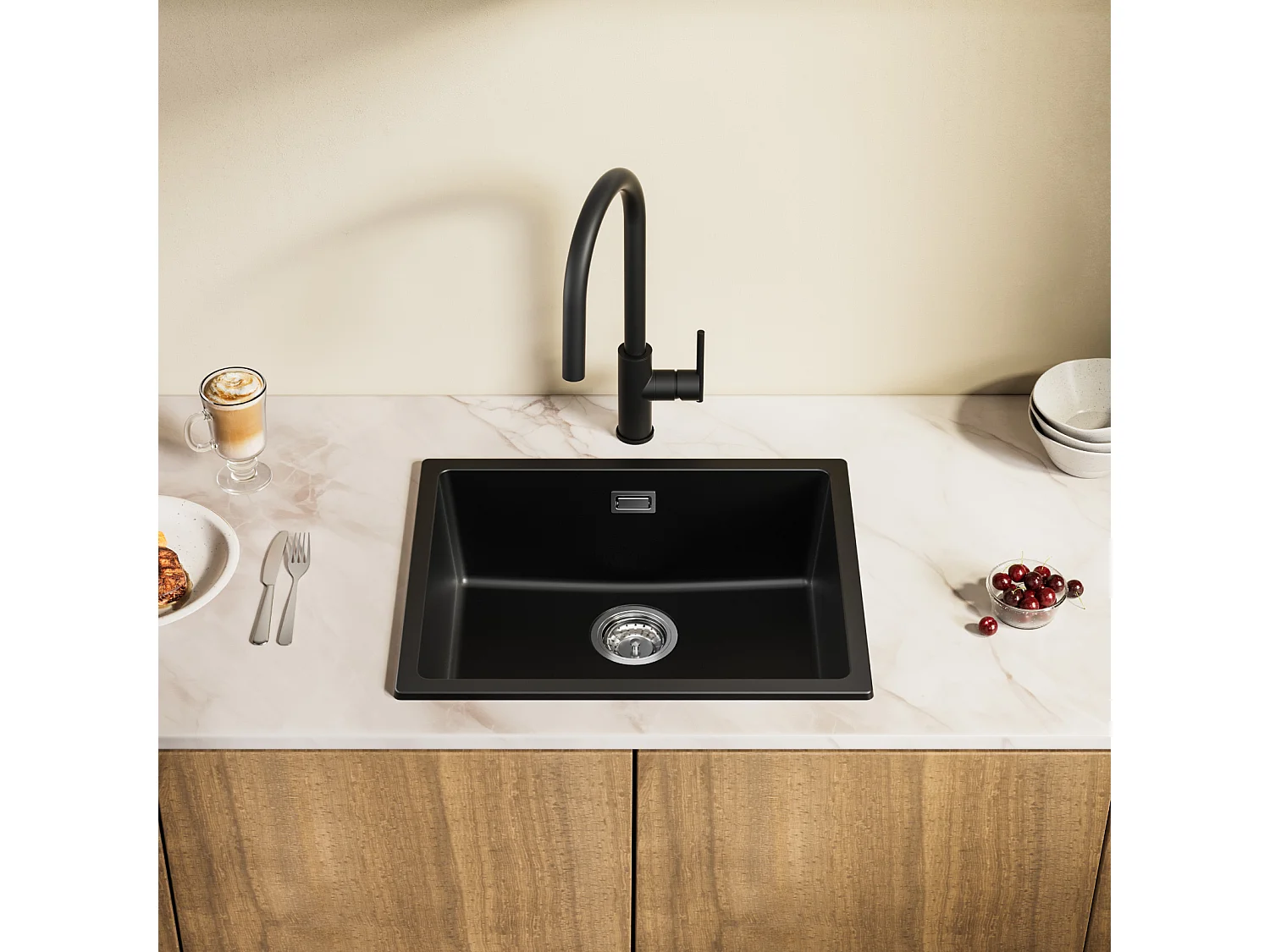 CECIPA MAX Lavello 1 Vasca in Quarzo e Resina Nero Grigio 55*44*20cm + Miscelatore Cucina Primavera Spazzolato con Doccia Estraibile