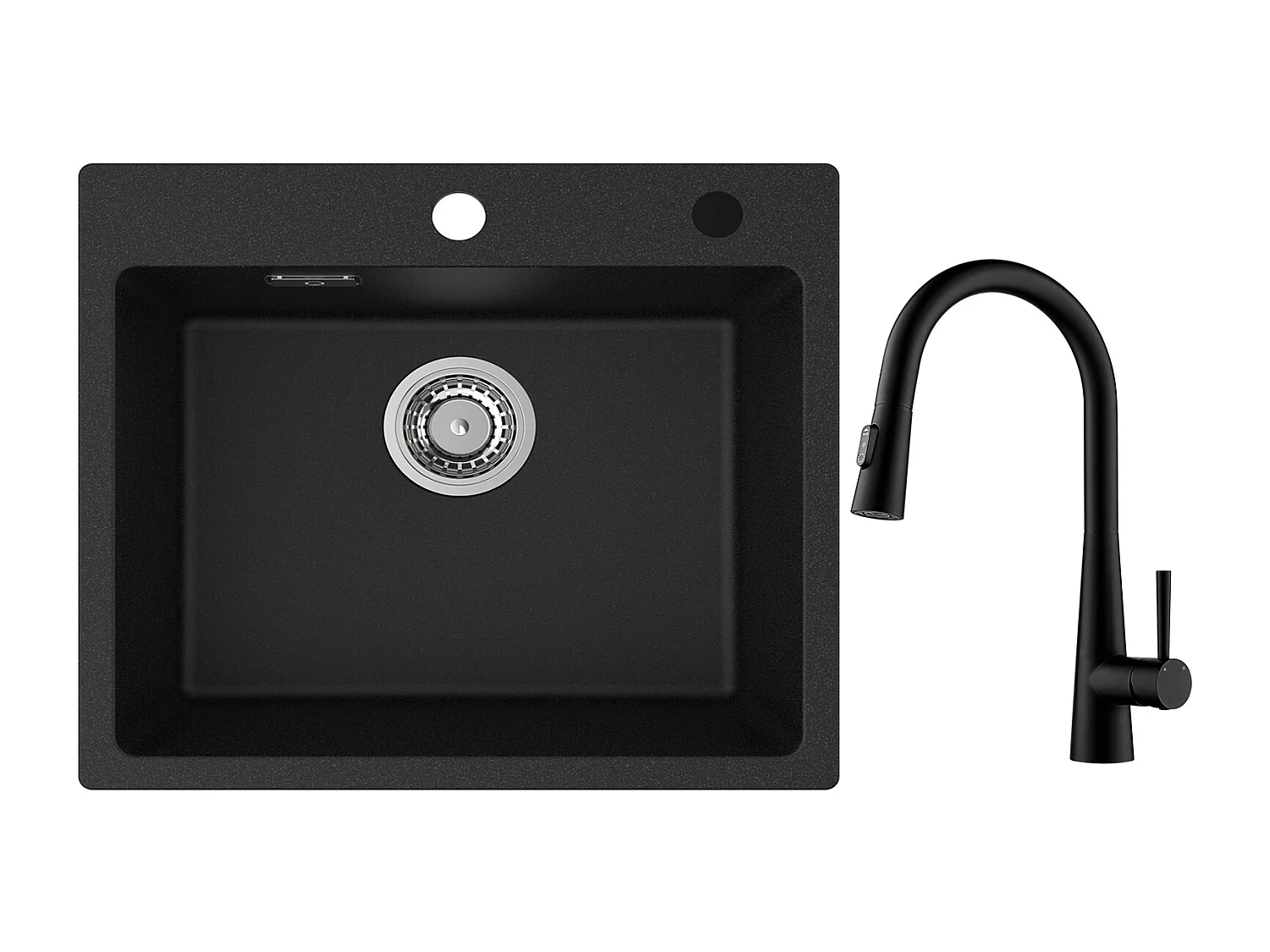 Cecipa max Evier Quartz Noir 50x45cm Evier 1 Bac en Quartz et Résine + Mitigeur de Cuisine avec Douchette Extractible, 3 Modes de Sortie D'eau, Noir