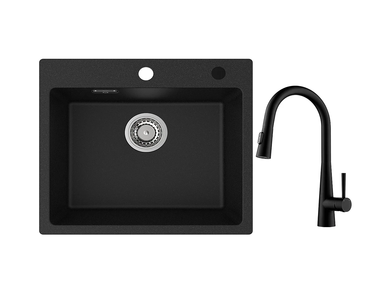 Cecipa max Lavello Quarzo Nero 50x45cm Lavello 1 Vasca in Quarzo e Resina + Miscelatore Cucina con Doccia Estraibile, 3 Modalità di Uscita Acqua, Nero