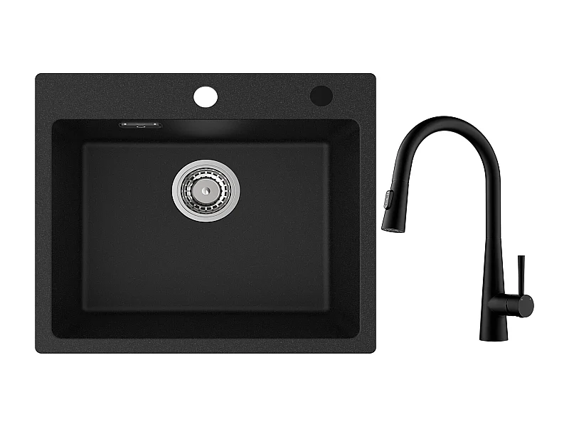 Cecipa max Lavello Quarzo Nero 50x45cm Lavello 1 Vasca in Quarzo e Resina + Miscelatore Cucina con Doccia Estraibile, 3 Modalità di Uscita Acqua, Nero