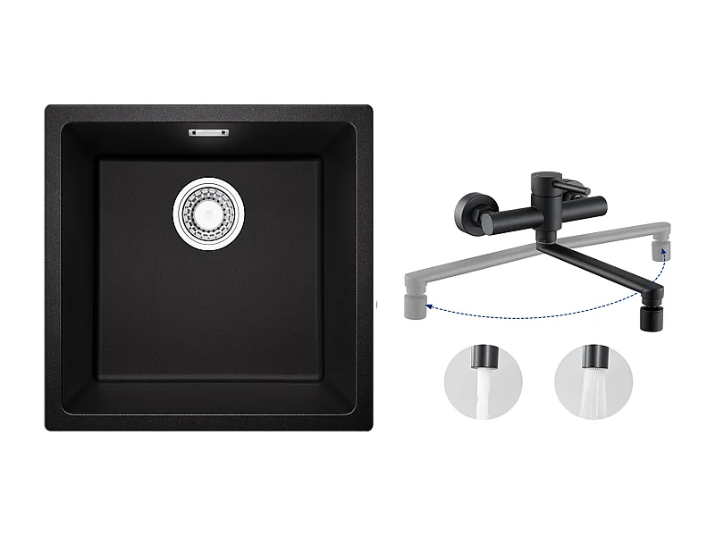 Evier 1 Bac en Quartz et Résine, 3 Options de Montage, 45*44*20cm + Mitigeur de Cuisine Mural avec 2 Jets Noir