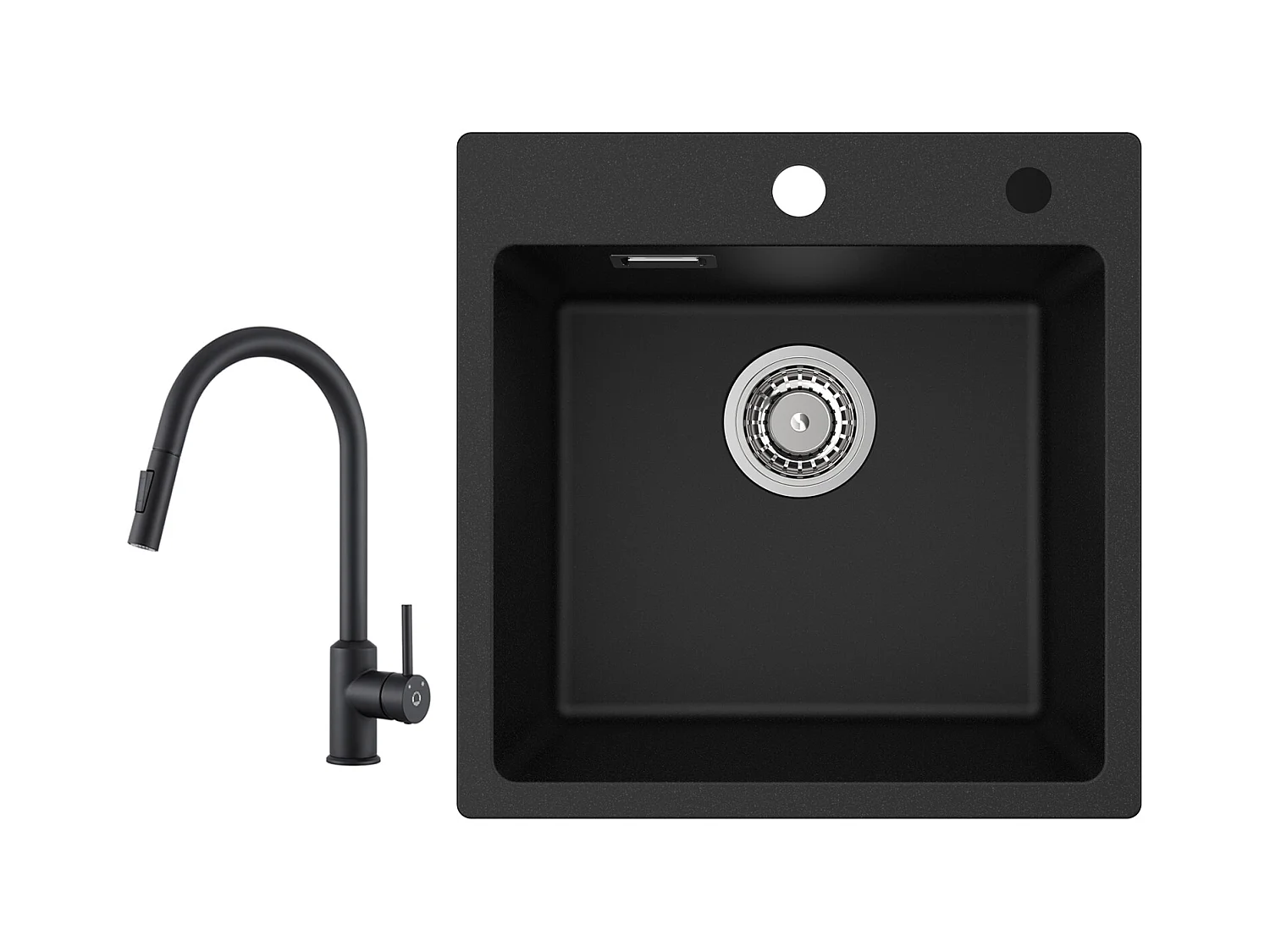 Cecipa max 45 x 45 cm schwarzes Quarzspülbecken, Einzelbecken, Küchenspüle aus Quarz und Kunstharz + Mischbatterie mit 360° drehbarer, ausziehbarer Brause, schwarz