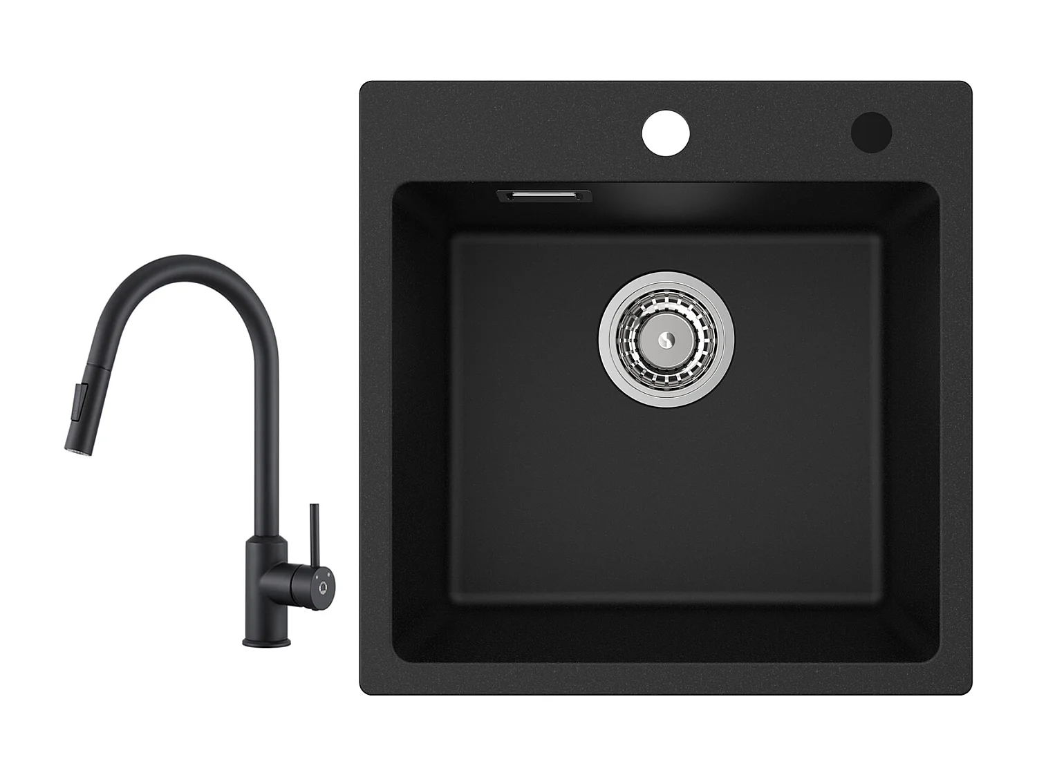 Cecipa max 45x45cm Evier Quartz Noir Evier 1 Bac en Quartz et Résine Evier de Cuisine + Mitigeur avec Douchette Extractible Rotatif à 360 ° Noir