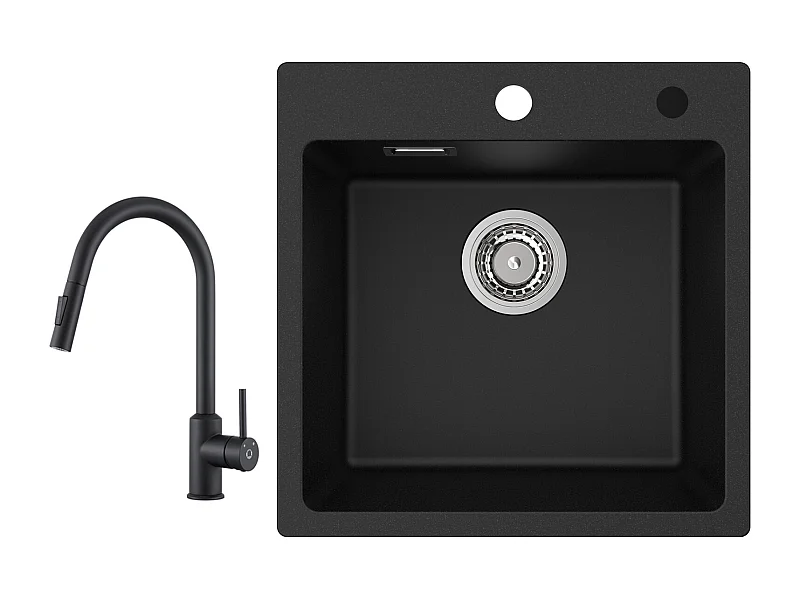 Cecipa max Fregadero de Cuarzo Negro de 45x45 cm Fregadero de una Sena de Cuarzo y Resina Fregadero + Mezclador con rociador extraíble Giratorio 360° Negro