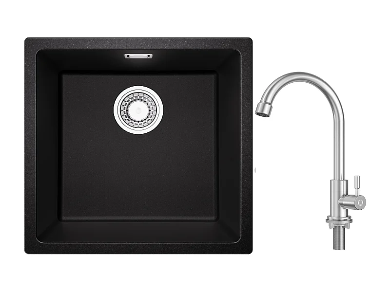 Evier 1 Bac en Quartz et Résine, 3 Options de Montage, 45*44*20cm + Robinet de Cuisine à eau Froide,Brossé