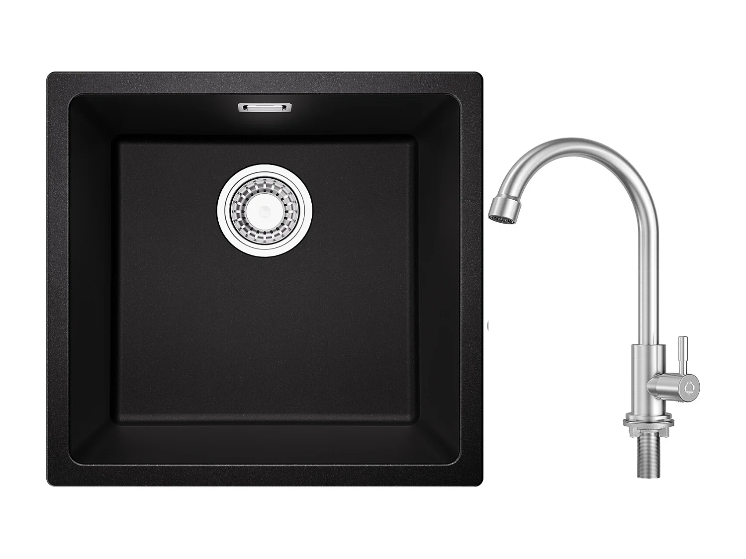 Evier 1 Bac en Quartz et Résine, 3 Options de Montage, 45*44*20cm + Robinet de Cuisine à eau Froide,Brossé