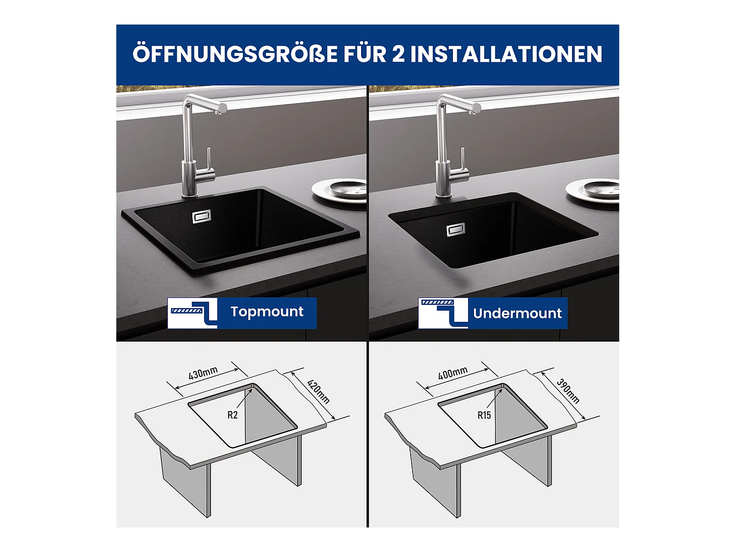 Lavello a 1 vasca in quarzo e resina, 3 opzioni di montaggio, 45*44*20 cm + rubinetto cucina acqua fredda, spazzolato