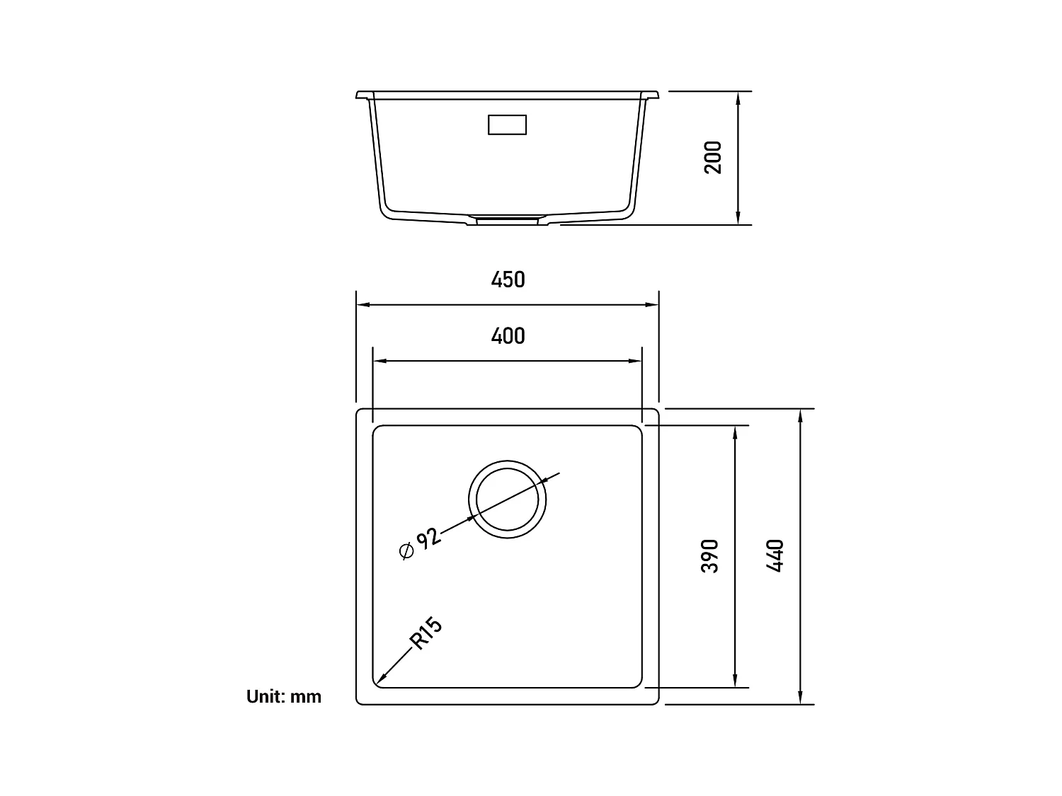 Lavello a 1 vasca in quarzo e resina, 3 opzioni di montaggio, 45*44*20 cm + rubinetto cucina acqua fredda, spazzolato