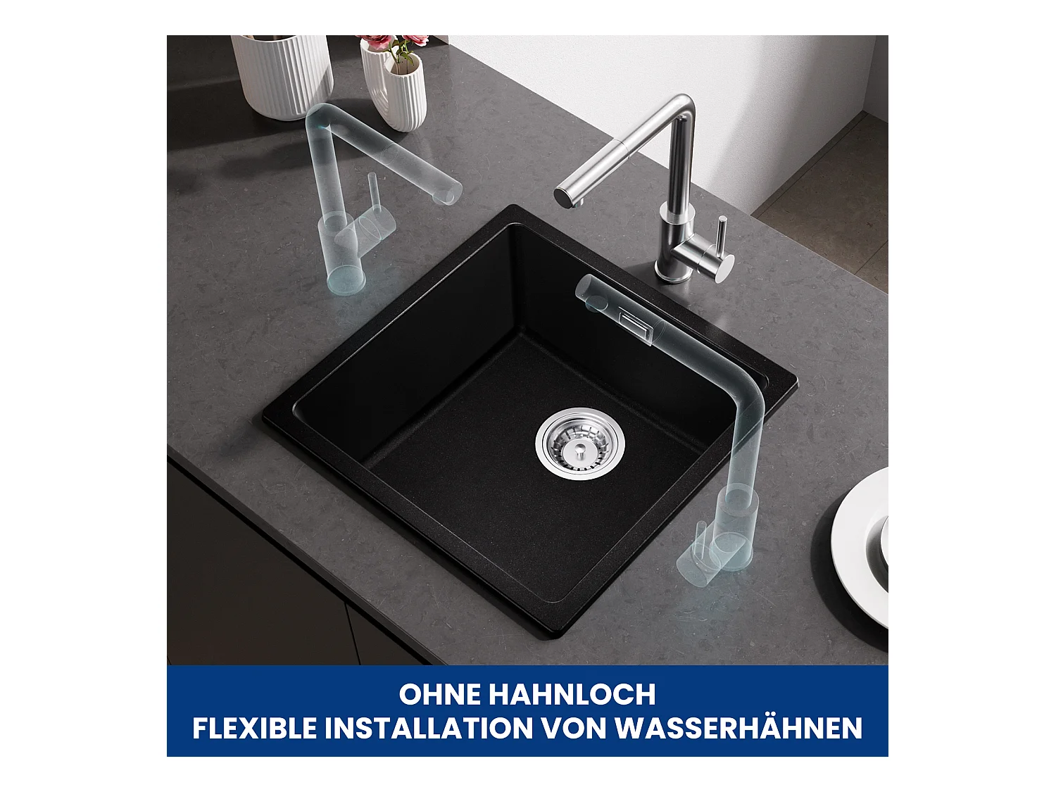 Lavello a 1 vasca in quarzo e resina, 3 opzioni di montaggio, 45*44*20 cm + rubinetto cucina acqua fredda, spazzolato