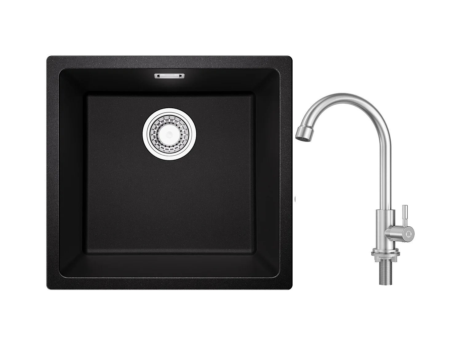 Lavello a 1 vasca in quarzo e resina, 3 opzioni di montaggio, 45*44*20 cm + rubinetto cucina acqua fredda, spazzolato