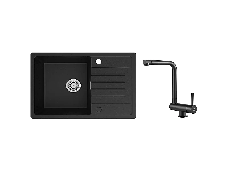 Einzelspüle aus Quarz und Kunstharz – schwarze Spüle mit Abtropffläche, 78 x 45 cm, + schwarzer klappbarer Küchenmischhahn