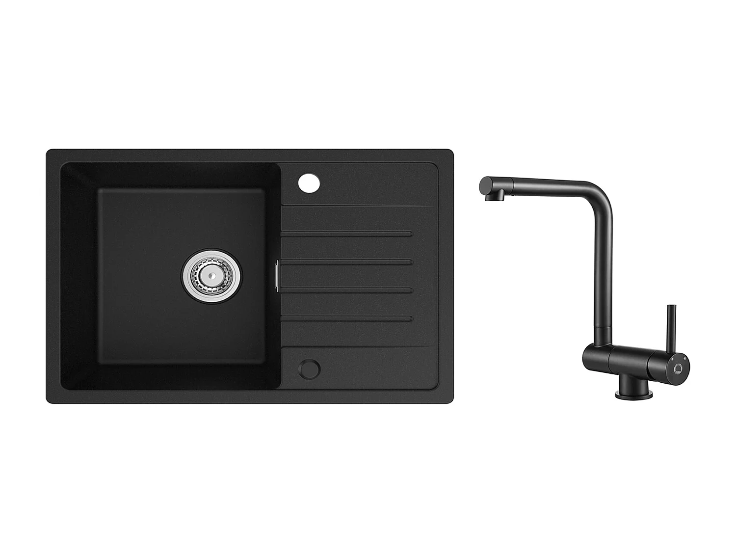 Einzelspüle aus Quarz und Kunstharz – schwarze Spüle mit Abtropffläche, 78 x 45 cm, + schwarzer klappbarer Küchenmischhahn