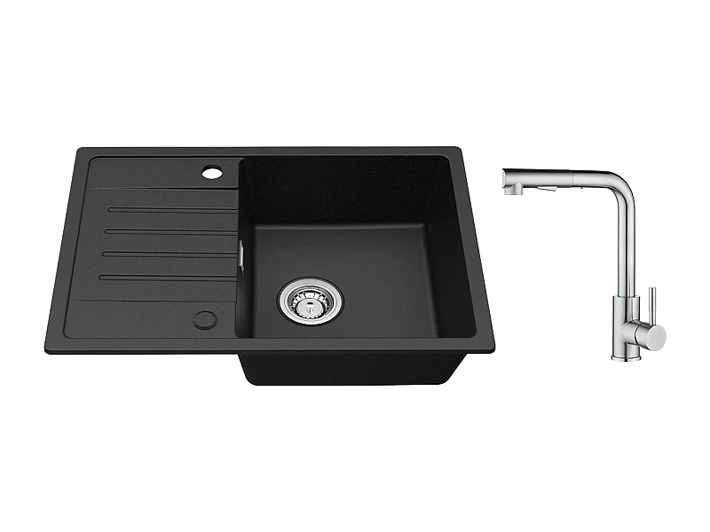 Cecipa max Evier 1 Bac avec Egouttoir Evier à encastrer Quartz et résine Noir 65x45cm + Mitigeur avec Douchette Extractible - 2 Jets aux Choix Brossé