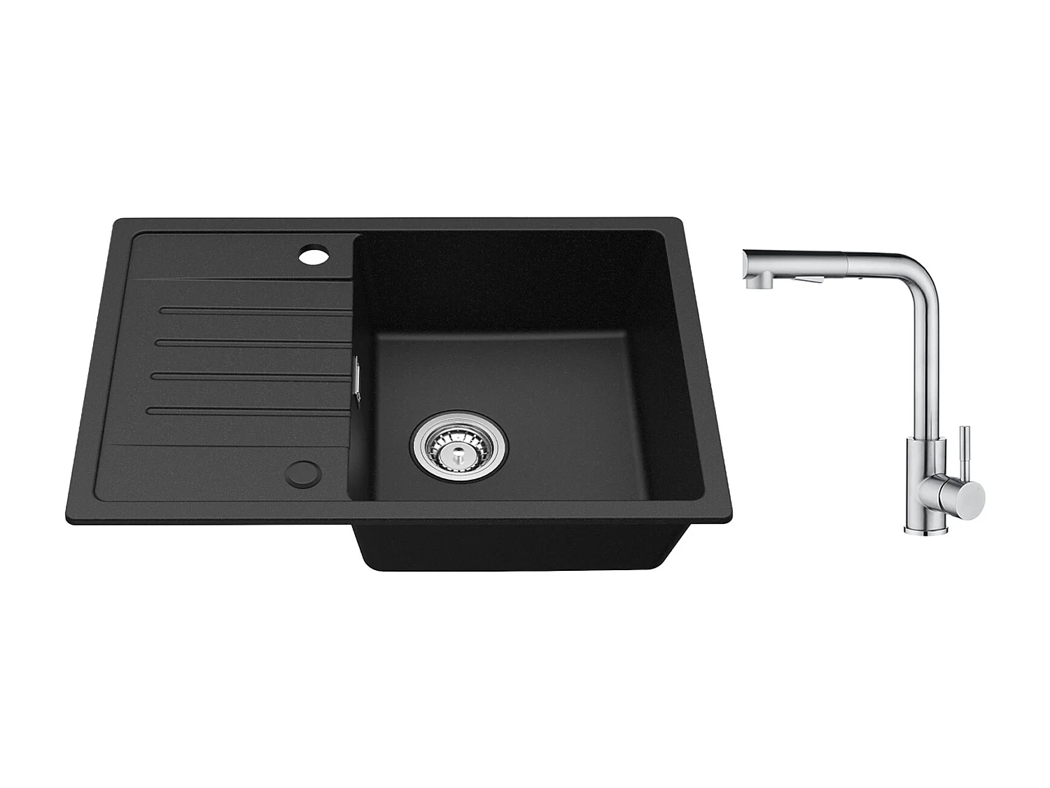 Cecipa max 1 spoelbak met afdruiprek Inbouwspoelbak van kwarts en hars Zwart 65x45cm + Mengkraan met uittrekbare douchestraal - 2 Jets naar keuze Geborsteld